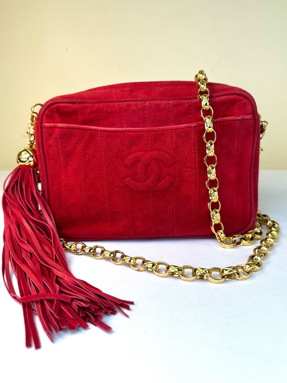 CHANEL Ultra Rare CC Vertical Quilted Red Suede Camera Bijoux Chain 1982-85 COA
